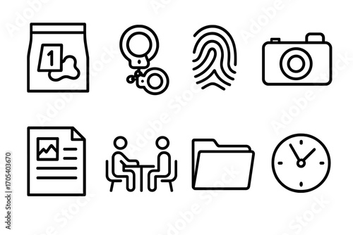Mystery Investigation Icons. Outline icon set of mystery investigations: evidence bag, handcuffs, fingerprint, camera, report,
