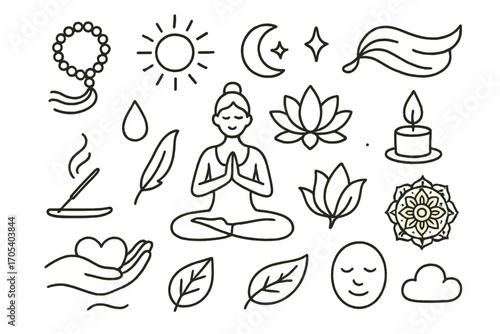 Yoga and Serenity Symbols. Hand-drawn doodle illustration grace yoga pose, lotus flower, meditation beads, candle, flowing scarf,