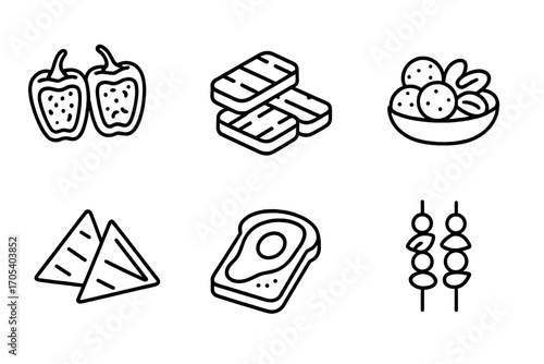 Vegetarian Bar Icon Set. Outline icon set of vegetarian bar food: stuffed peppers, grilled halloumi, falafel balls, roasted nuts,