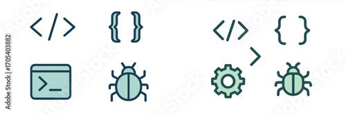 Software development icons for coding, debugging, and system gears