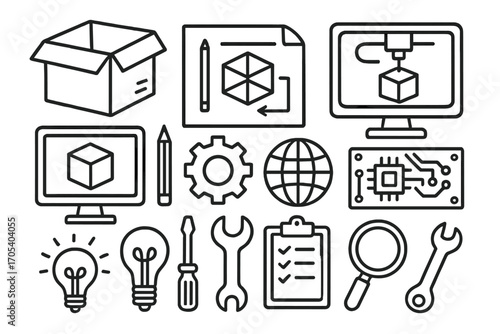 3D Printing Doodle Icons. Hand-drawn doodle illustration product prototype box, package, blueprint, 3D printer, computer monitor,