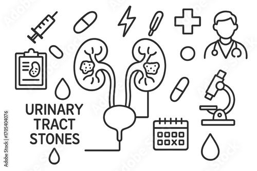 Urinary Lithiasis Icons. Hand-drawn doodle illustration urinary tract stones kidney stone, ureters, bladder, urethra, syringe,