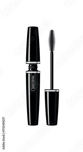 Black Mascara Tube and Wand on White Background.
