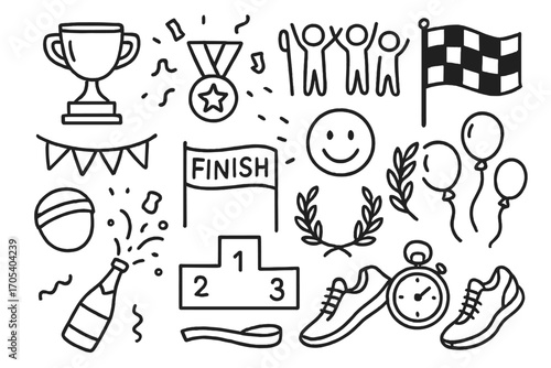 Race Celebration Doodles. Hand-drawn doodle illustration Race celebration trophy, medal, confetti, cheering crowd, flag, finish