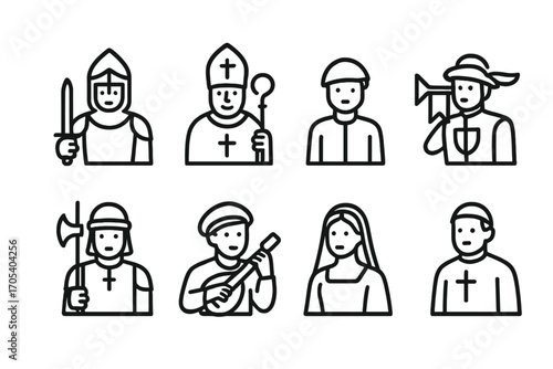 Royal Attendants Icons. Outline icon set of royal attendants: knight, bishop, page, herald, guard, musician, noblewoman, priest.