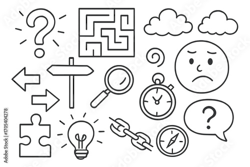 Uncertainty Symbols. Hand-drawn doodle illustration uncertainty question mark, maze, fog, crossroads sign, confused face, cloudy