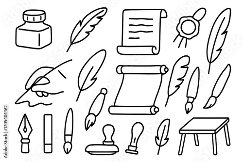 Classic Calligraphy Tools. Hand-drawn doodle illustration Classic calligraphy set ink pot, feather quill, parchment, wax seal,
