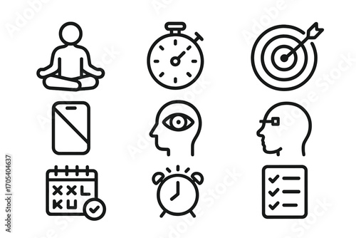 Self-Control Icon Set. Outline icon set of self-control: meditation, timer, no distractions, goal setting, focus, habit tracker,