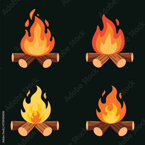 Creative bonfire design showing vibrant flames and wood, ideal for camping, festival, and travel graphics