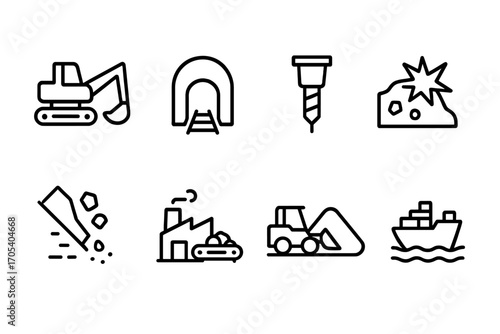 Mining Process Icons. Outline icon set of mining process: excavation, tunnel, drilling, blasting, sorting, refining, stockpile,
