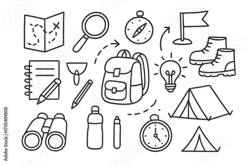 Adventure Essentials Icons. Hand-drawn doodle illustration map reading magnifying glass, compass, map, notebook, pencil,