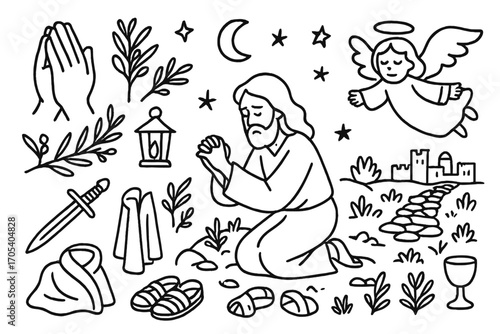 Gethsemane Prayer Doodle. Hand-drawn doodle illustration Jesus’ prayer and anguish in Gethsemane praying hands, olive branch,