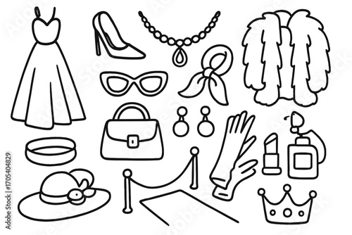 Luxury Fashion Icons. Hand-drawn doodle illustration luxury fashion designer dress, high heel shoe, diamond necklace, fur coat,