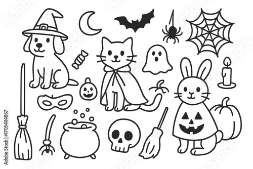 Pets in Halloween Costumes. Hand-drawn doodle illustration Pets in Halloween costumes dog with witch hat, cat with cape, bunny