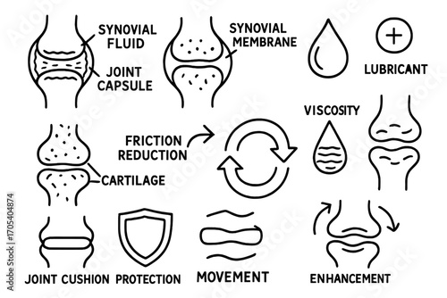 Joint Anatomy Illustration. Hand-drawn doodle illustration synovial fluid joint capsule, synovial membrane, fluid drop, lubricant