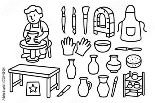 Pottery Tools Doodle. Hand-drawn doodle illustration potter clay, potter’s wheel, sculpting tools, kiln, apron, gloves, paintbrush