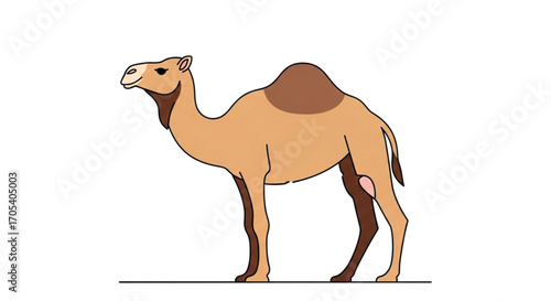 A single brown camel standing on a white background.