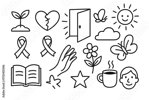 Healing and Hope Icons. Hand-drawn doodle illustration healing from estrangement growing plant, mended heart, open door, light