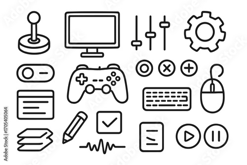 Game UI Elements. Hand-drawn doodle illustration game preset joystick, computer screen, sliders, gear, settings icon, toggle