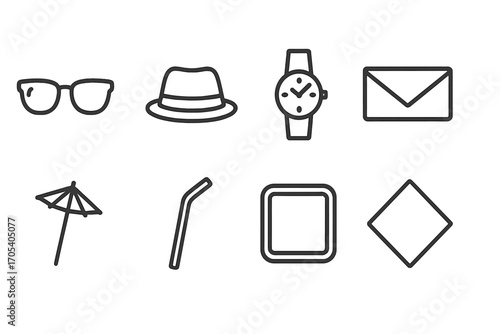 Rooftop Bar Icon Set. Outline icon set of rooftop bar accessories: sunglasses, hat, wristwatch, clutch bag, cocktail umbrella,