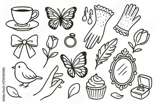 Tender Moments Doodle. Hand-drawn doodle illustration tender moments teacup, butterfly, pearl earrings, lace gloves, ribbon bow,
