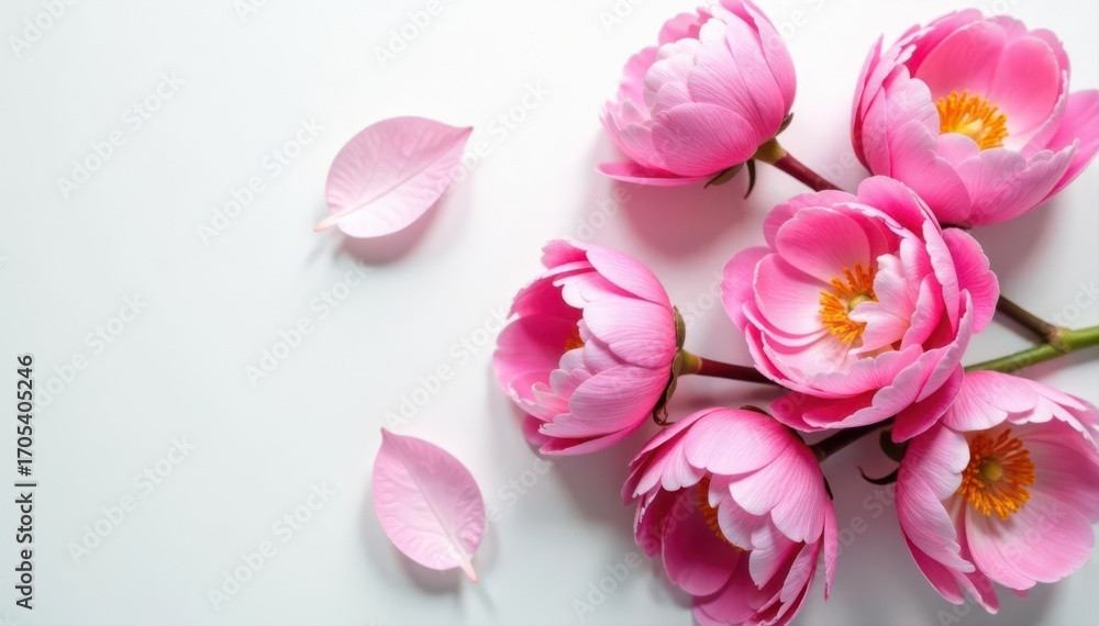 Obraz premium Pink peonies arranged on white, feminine aesthetic , minimal, floral, femininity