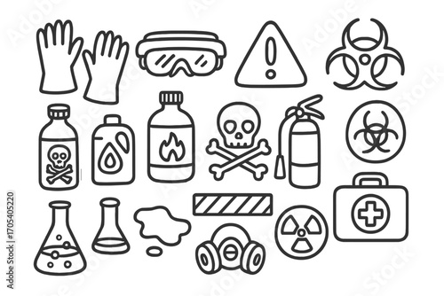 Hazard Safety Doodle. Hand-drawn doodle illustration Handling hazardous materials safely protective gloves, safety goggles, gas