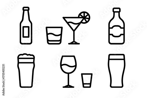 Pub Drinks Icon Set. Outline icon set of pub drinks: lager bottle, whiskey glass, cocktail, cider, stout pint, wine glass, shot