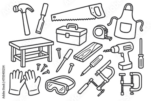 Craftsman Tools Doodle. Hand-drawn doodle illustration craftsman hammer, chisel, saw, workbench, apron, toolbox, measuring tape,
