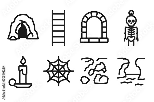 Underground Icon Set. Outline icon set of underground structures: cave entrance, stone archway, ladder, skeleton, candle, cobweb,