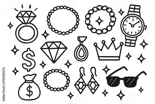 Sparkling Jewelry Doodles. Hand-drawn doodle illustration sparkling bling diamond ring, sparkling necklace, gold chain, watch,