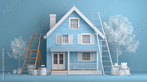 House painting and renovation concept with ladder, and paints