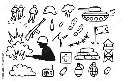 Battlefield Doodle Icons. Hand-drawn doodle illustration Retreating troops and battlefield soldier silhouette, rifle, helmet,