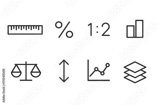 Scale Icon Set. Outline icon set of scale and proportion: scale ruler, percentage, ratio, comparison chart, weight balance, scale
