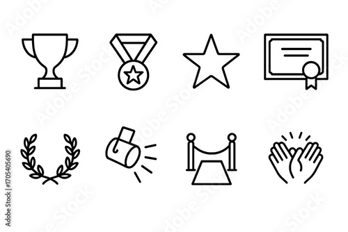 Theater and Ballet Icons. Outline icon set of theater awards and recognition: trophy, medal, star, certificate, laurel wreath,