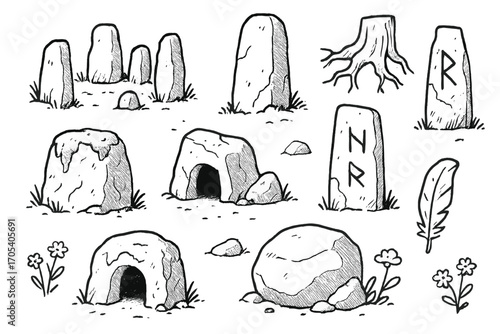 Ancient Stone Doodle. Hand-drawn doodle illustration ancient stones stone circle, monolith, carved pillar, ancient runes, moss,