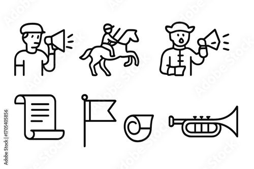 Historic Proclamation Icons. Outline icon set of proclamation delivery: messenger, horse rider, town crier, loudspeaker, scroll,