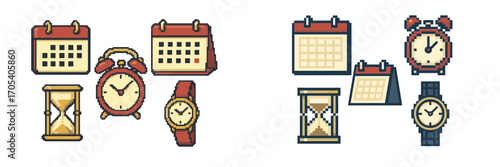 Pixel art timekeeping devices: calendars, alarm clocks, hourglasses, wristwatches