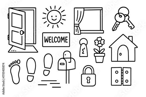 Welcome Home Doodle. Hand-drawn doodle illustration open door open door, sunlight, welcome mat, keys, doorknob, hinges, threshold,