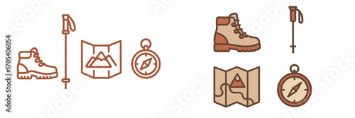 Outdoor hiking gear icons for adventure and travel