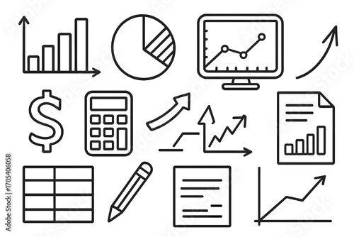 Business Icon Doodles. Hand-drawn doodle illustration sales chart bar graph, pie chart, line graph, dollar sign, calculator,