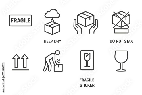 Handling & Caution Icons. Outline icon set of handling instructions: fragile box, keep dry, handle with care, do not stack, arrow