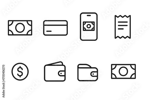Payment Icon Set. Outline icon set of payment methods: cash, credit card, mobile pay, bar tab, receipt, coin, wallet, banknote.