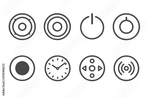 Circular Tech Icon Set. Outline icon set of circular technology components: speaker, camera lens, power button, volume knob,