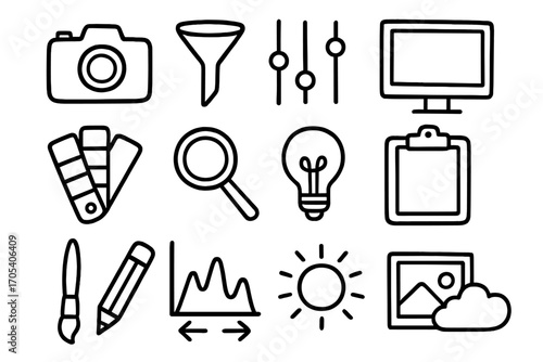Hand-Drawn Design Elements. Hand-drawn doodle illustration filter preset camera, sliders, settings icon, computer screen, color