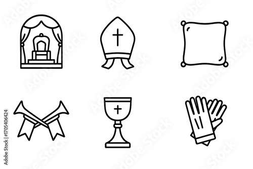 Royal Ceremony Icons. Outline icon set of royal ceremony: throne room, bishop mitre, incense burner, velvet cushion, herald