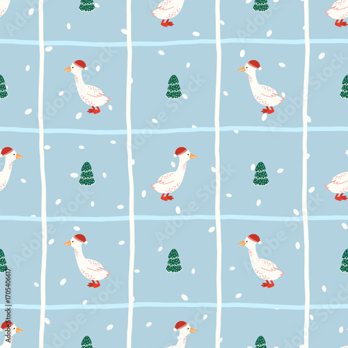 Seamless Christmas vector pattern with geese in Santa hats, Christmas trees, and falling snow on a light blue striped background. Cute winter design for wrapping paper, textiles, and holiday decor
