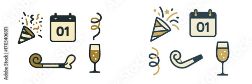 New Year celebration icons with calendar date and champagne glasses
