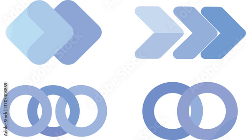 Four distinct light blue graphic elements including overlapping shapes and directional arrows of light blue color | editable eps