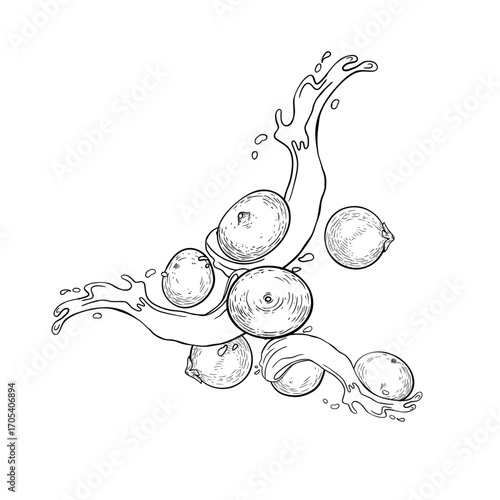 Hand drawn black white fresh acai berries in dynamic juice splash isolated. Superfood levitation in water splash outline drawing for packaging, health drink labels, berries branding.